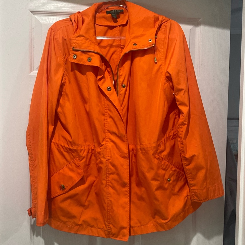Orange Ralph Lauren wind breaker great for fall size large hooded orange